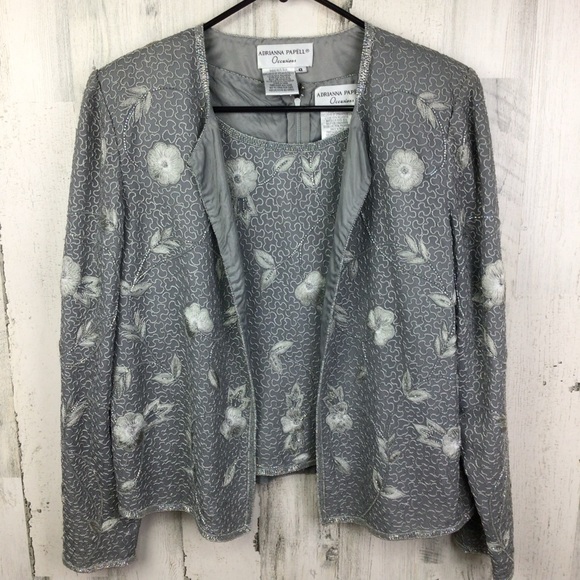 Adrianna Papell Floral Silk 2 Piece Tank Embroidered Beaded Sparkle Jacket 8 - Picture 1 of 15